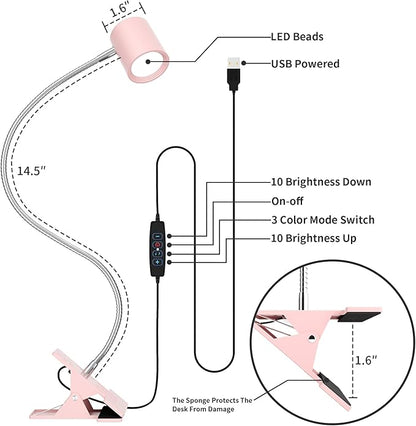 Dott Arts Desk Lamp,USB Clip On Light with 3 Color Modes,LED 10 Levels Brightness Reading Lamp, 360°Gooseneck Book Light,Eye-Care Reading Light for Home Office,Headboards Pink