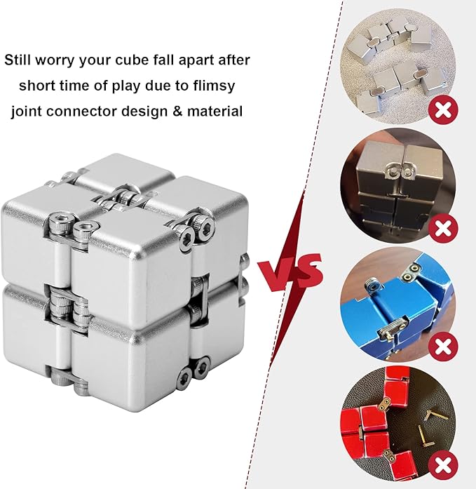 Aluminum Alloy Metal Infinity Cube Fidget Cube (6 Colors) Handheld Fidget Toy Desk Toy with Cool Case Infinity Magic Cube Relieve Stress Anxiety ADHD OCD for Kids and Adults (Silver)