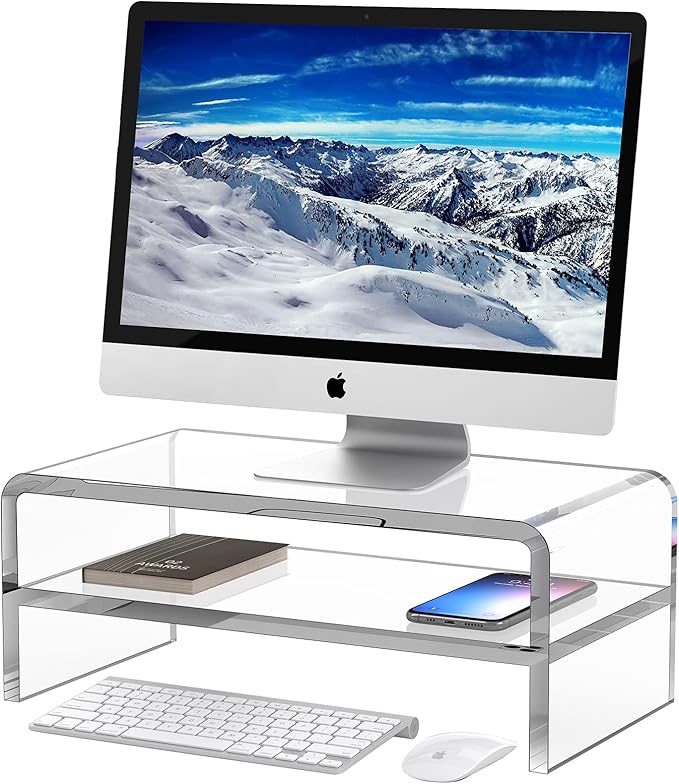 Acrylic Monitor Stand, 2 Tiers Clear Monitor Riser Computer Stand for Office, Home, Office, 5.12 Inches Hight PC Desk Stand for Keyboard Storage, Premium Platform for Laptop Printer TV Screen