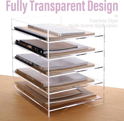 SANRUI Acrylic Paper Organizer Letter Tray for Desk, 5 Tier Enlarged File Sorter,Clear File Holder Desktop Shelf Document Storage for School Office Home