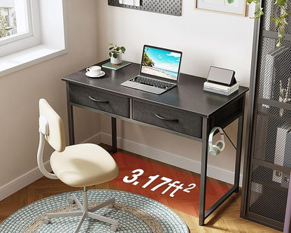 ODK 40 Inch Small Desk with Fabric Drawers- for Bedroom, Black Study Desk with Storage, Home Office Computer Desk for Small Spaces, Modern Work Writing Kids Table, Black