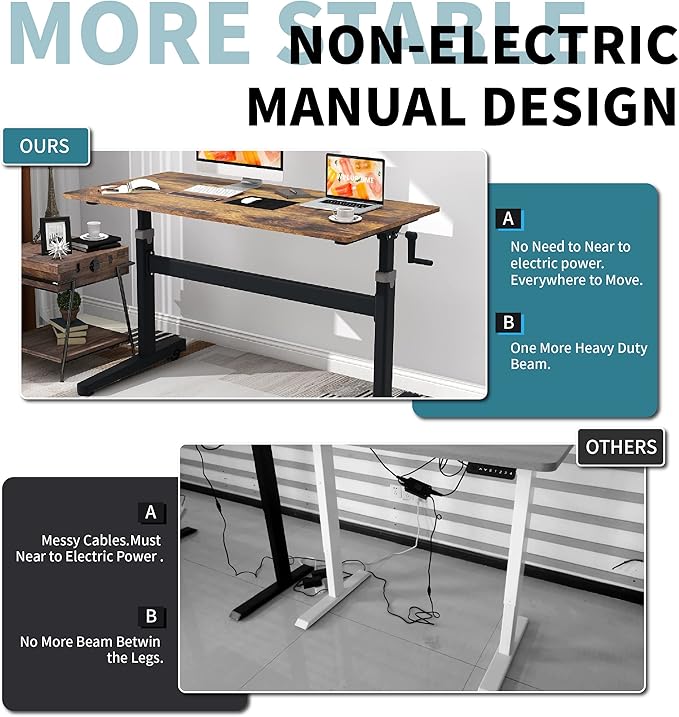 Manual Standing Desk Adjustable Height- Crank Mobile Standing Desk 48 x 24 Inches Sit Stand Desk Frame & Top, Stand Up Desk on Wheels, Computer Desk Black Frame & Rustic Brown