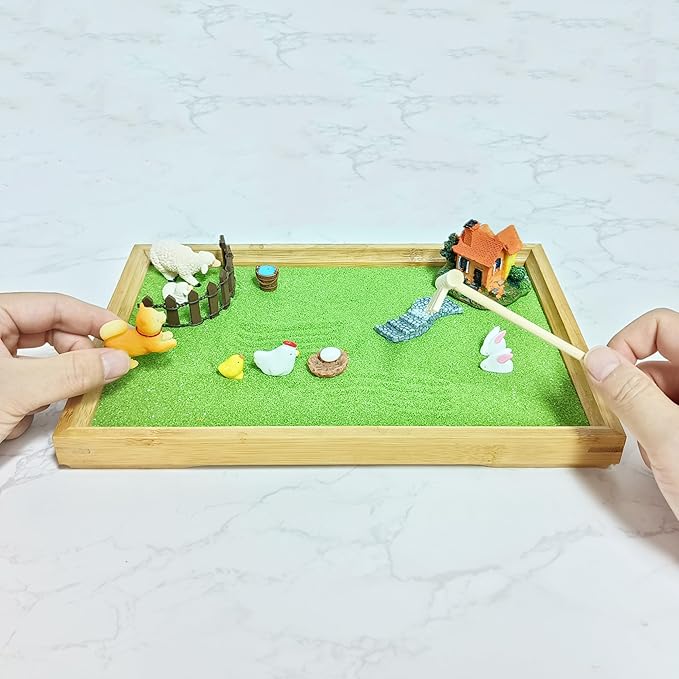 Japanese Zen Garden for Desk, Mini Small Farm Zen Garden Kit for Desk, Meditation Accessories Desktop Sandbox, Relaxing Claiming for Man Women, Green Sand with Wooden Tray, Not a Toy