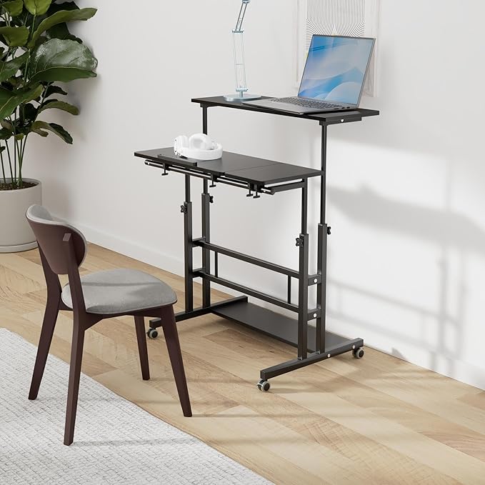 Hadulcet Mobile Standing Desk, Rolling Table Adjustable Computer Desk, Stand Up Laptop Desk Mobile Workstation for Home Office Classroom with Wheels, 31.49 x 23.6 in Black