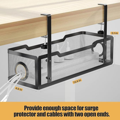 2 Pack Under Desk Cable Management Box Black, Cinati Cable Management Under Desk No Drill, Cable Tray with Clamp for Desk Wire Management,Desk Cable Management for Office, Home - No Damage to Desk