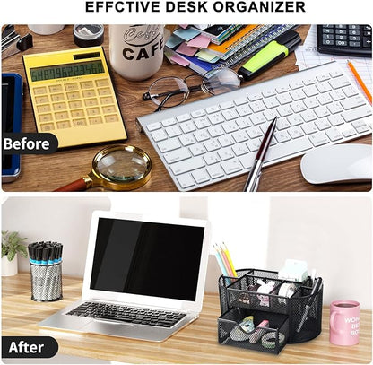 Mesh Desk Organizer Desktop Office Supplies Multi-functional Caddy Pen Holder Stationery with 8 Compartments and 1 Drawer for Office, Home, School, Classroom (Black)