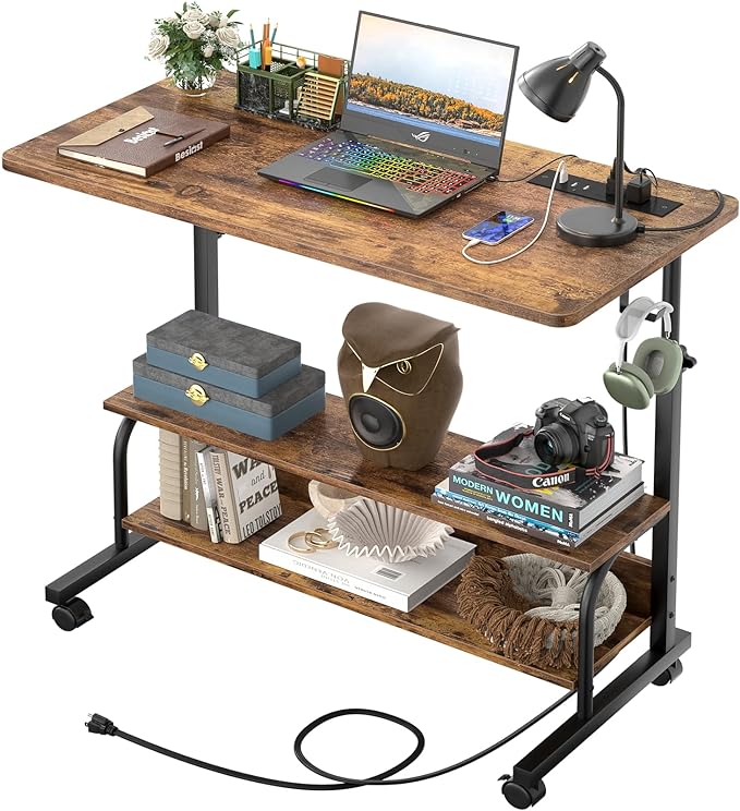 32" Height Adjustable Standing Desk with Power Outlets - Manual Rolling Stand Up Desk with Wheels Small Portable Computer Desk Mobile Laptop Table with Storage Shelves for Home Office, Rustic