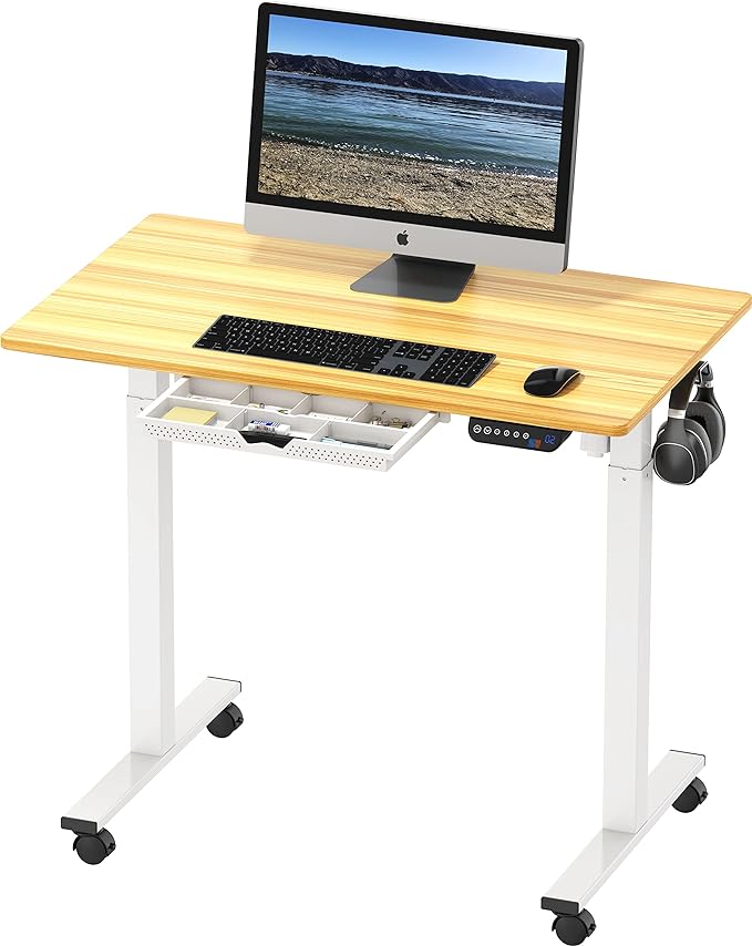 SHW Small Electric Height Adjustable Mobile Sit Stand Desk with Drawer, Hanging Hooks and Cable Management, 40 x 24 Inches, Oak