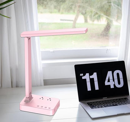 Drevet LED Desk Lamp, Desk Light with 1 USB Charging Port and 2 AC Power Outlet, 3 Lighting Modes, 3 Level Brightness,1H Timer, Touch Control, Eye-Caring Home Office Foldable Table Lamp (Pink)