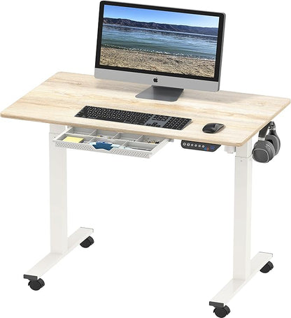 SHW Electric Height Adjustable Mobile Rolling Standing Desk Workstation, 40 x 24 Inches, Maple