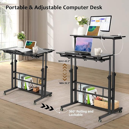 Hadulcet Stand Up Desk, Rolling Desk Adjustable Height, Mobile Standing Desk with Wheels & Charging Station, Portable Desk for Laptop, Rolling Computer Cart TV Tray, Small Standing Desk Drawing Desk