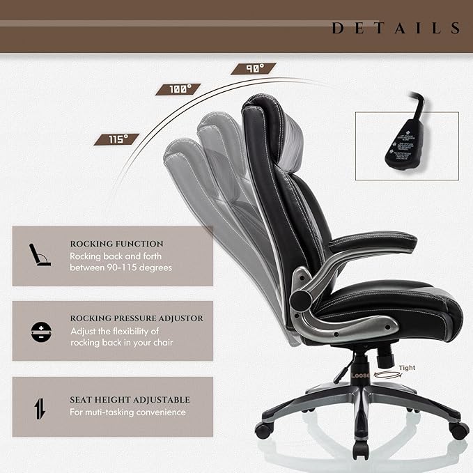 COLAMY Executive Office Ergonomic Chair with Thick Bonded Leather, Flip-up Armrests, High Back Adjustable Height and Tilt for Working, Study, Gaming,Set of 2