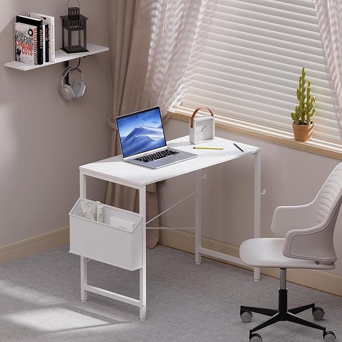 Pamray 32 Inch Computer Desk Small Spaces Desk with Storage Bag for Bedroom Writing and Home Office Work Small Study Desk Table White