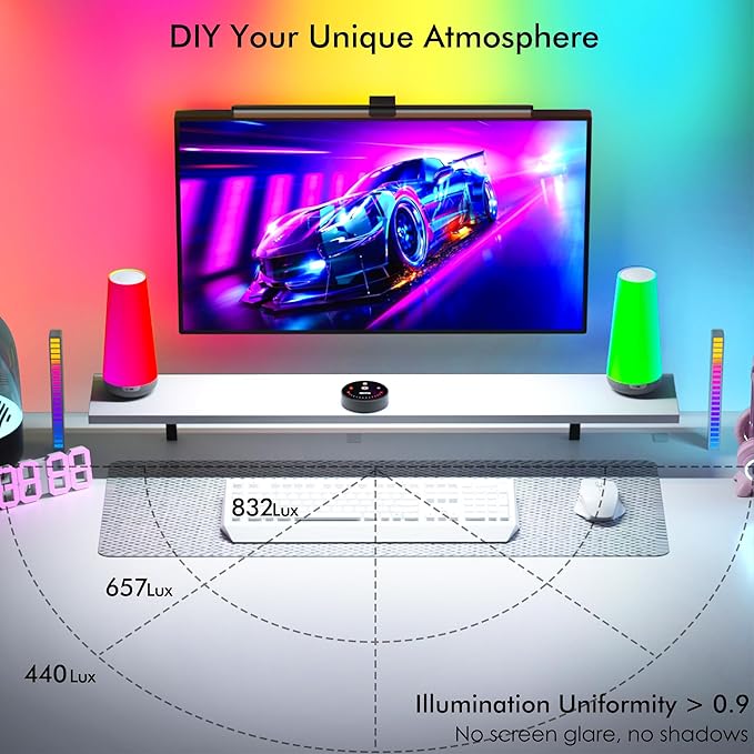 Quntis RGB Pro+ Monitor Light Bar with Remote, 15 Modes Gaming Backlight, 4 Colors & Brightness Dimmable Fronlight, 20" Ra95 Eye-Care USB Reading Monitor Lamp, No Glare, Upgraded Clip for All Monitor