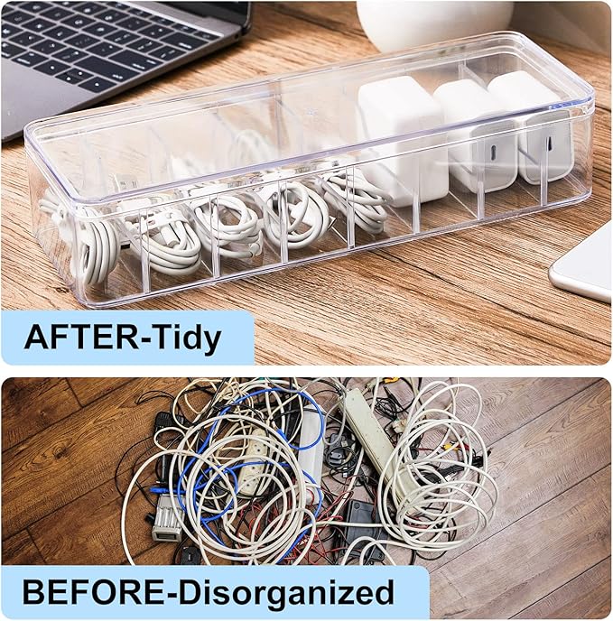 Tatuo 6 Pcs Cable Organizer with 60 Wire Ties, Clear Plastic Cord Storage Box with Lid, Electronics Charger Organizer for Home Office Desk Organizers and Accessories