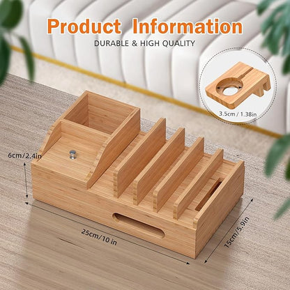 Bamboo Charging Station for Multiple Devices with 5 Port USB Charger, 5 Charger Cables and Smart Watch Stand. Wood Desktop Dock Stations Electronic Organizer for Cell Phone, Tablet, Watch, Office