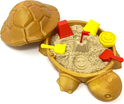 Munnygrubbbers - Mini Desktop Turtle Sand Box - 6 x 6 in - Stress Relief - includes Soft Moldable Play Sand and Mini Tool Accessories - Novelty Gift - Desktop Decor - Zen Garden - (Gold)