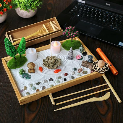 Desk Zen Garden Kit - 11x7.5in Mini Rock Garden Zen Gift Set for Home Office Desk Japanese Decor, Zen Sand Garden, 7 Tools, 21 Accessories.Bamboo Sand Tray Therapy Desktop Meditation Room Gifts