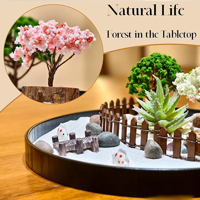 Mini Round Zen Garden Kit for Office Desk, DIY Sand Garden for Tabletop, 9.4x9.4in Wood Tray Forest White Sand Garden, Meditation Sand Therapy Kit Gift Set