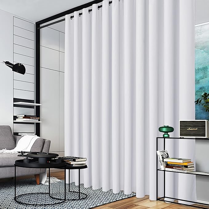 RYB HOME Extra Wide Curtain for Room Divider, Blackout Privacy Soundproof Curtains for Large Window Shared Bedroom Apartment Backdrop Home Theatre Backdrop, Grayish White, 20ft Wide x 8ft Long