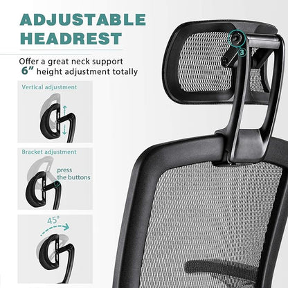 GABRYLLY Ergonomic Office Chair, High Back Home Desk Chair with Headrest, Flip-Up Arms, 90-120° Tilt Lock and Wide Cushion, Big and Tall Mesh Chairs for Man Woman, Black Task Chair