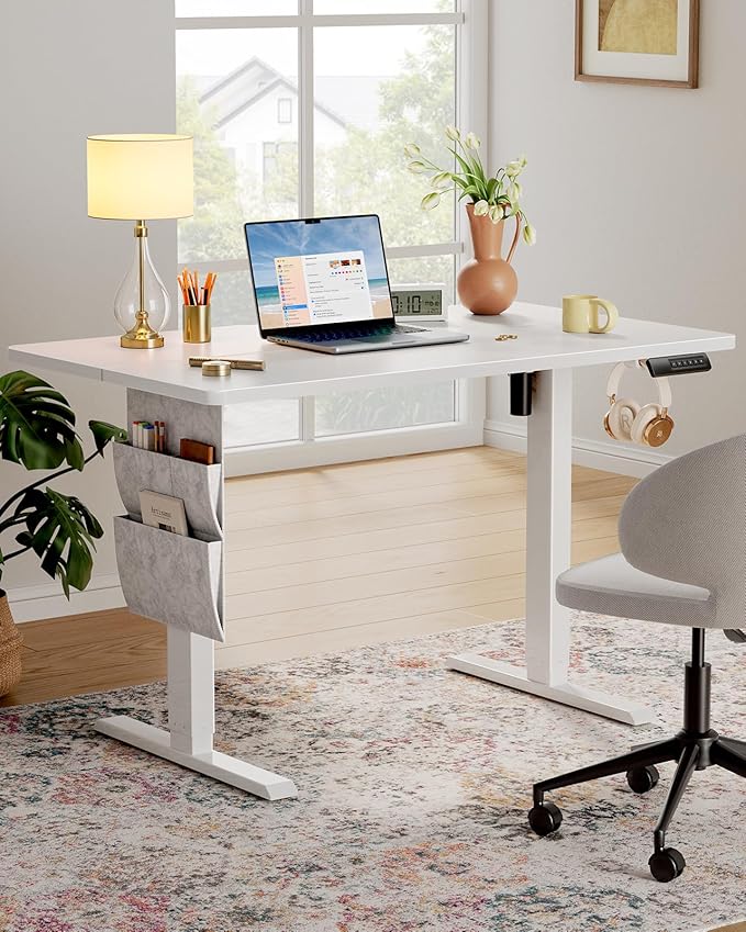 Marsail Standing Desk Adjustable Height,48"*28" Electric Standing White Desk with Storage Bag,Sit Stand up Desk for Home Office Writing Computer Desk,4 Memory Preset with Headphone Hook,Cable Manager