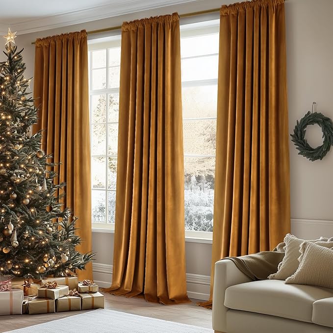 Topfinel Room Darkening Velvet Curtains 96 Inch Long, Soundproof Floor to Ceiling Gold Brown Black Out Winter Curtains for Living Room Bedroom, Elegant Boho Heavy Crushed Velvet Window Drapes 2 Panels