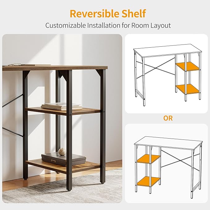 CubiCubi Small Computer Desk, 35 Inch Home Office Desk with 2 Storage Shelves on Left or Right Side, Study Writing Desk with Storage Board, Rustic Brown