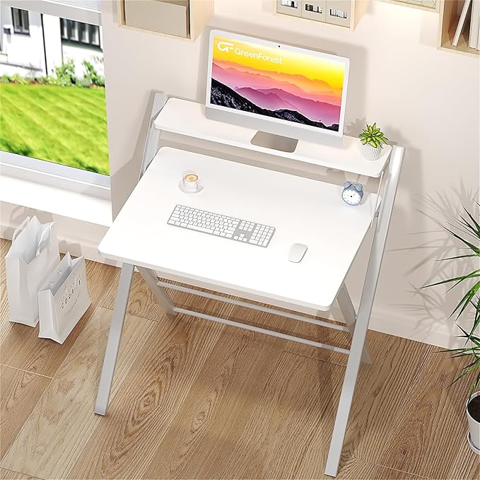 GreenForest Folding Desk No Assembly Required Small Size, 2-Tier Foldable Computer Desk with Shelf for Home Office, Space Saving Portable Laptop Study Foldable Table for Small Spaces, White