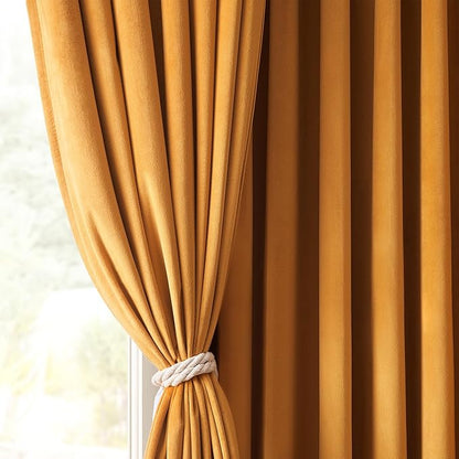 Topfinel 105 Inch Yellow Velvet Curtains 2 Panels Set Custom Length Back Tab Window Curtain Drapes for Living Room Bedroom,52x105 in Long,Mustard Yellow