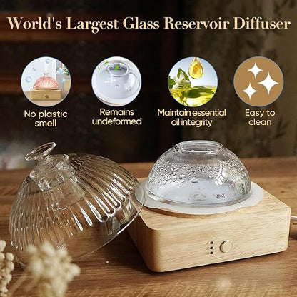 Glass Dome Essential Oil Diffuser with Glass Reservoir & Wood Base-No Plastic, 200ml Ultrasonic Glass Diffuser for Aromatherapy with Timer 7 Color Light Auto-Off for Home Office Yoga Pilates