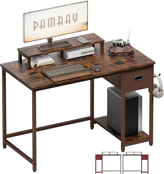 Pamray 39 Inch Computer Desk with Monitor Stand Small Home Office Desks with Non-Woven Storage Drawer for Bedroom Study Table Writing and Work Desk Vintage,Brown Leg