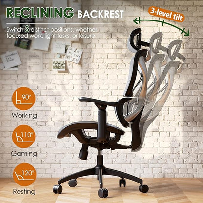 GABRYLLY Ergonomic Office Chair, Big and Tall Mesh Chair with Lumbar Support, 3D armrest - 215° Rotation, Adjustable Headrest & Soft Seat, Durable Desk Chair 350LBS for Work Gaming Computer,Grey