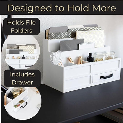 BLU MONACO White Wood Mail Organizer with Drawer and Pen Holder – Desk Mail Organizer and Sorter for Bills, Countertops, Kitchens, and Home Offices