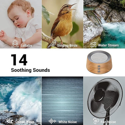 BGOVERSS White Noise Sound Machine with 14 Soothing Sounds and 10 Levels Night Light for Sleeping, 5 Timers and Memory Feature Plug in Sound Machine for Nursery Baby Kids Adults, Wood