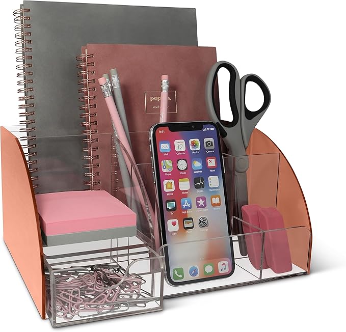 Rose Gold Desk Organizer, Acrylic, 9 Compartments, Office Supplies Desk Accessories Organizer with Drawer, Pen Holder, Office Decor Desktop Organization (Rose Gold)