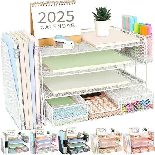 gianotter Paper Letter Tray Organizer with File Holder, 4-Tier Desk Accessories & Workspace Organizers with Drawer and 2 Pen Holder, Desk Organizers and Accessories for Office Supplies (White)