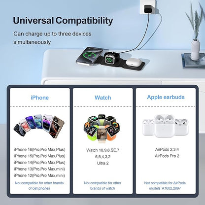 UCOMX 3 in 1 Charging Station for Multple Devices,Foldable 3 in 1 Wireless Charger for Travel,Nano Wireless Charging Station for iPhone16 15 14 13 12 Pro Max/Watch 10 9 8 7 6 5 4 3 Ultra/AirPod Pro