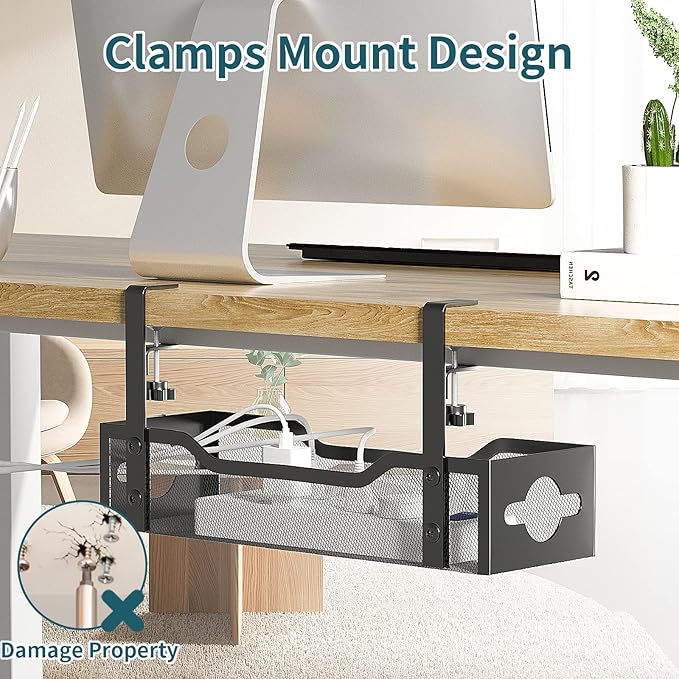 Under Desk Cable Management Tray Black, Litwaro Cable Management Under Desk No Drill, Desk Cable Organizer with Clamp for Desk Cord Organizer, Desk Wire Management No Damage to Desk for Office, Home