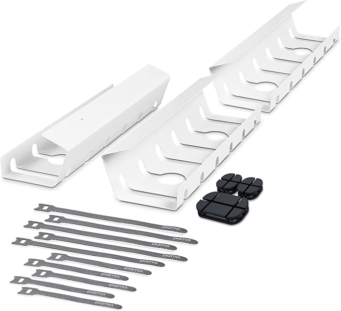 PAMO Cable Management Under Desk for Easy mounting Under-Table I Set of 3 - with 10X Cable Ties I Desk Organizer for Office/Home Office Table Thoughtful Cable Tray Holder