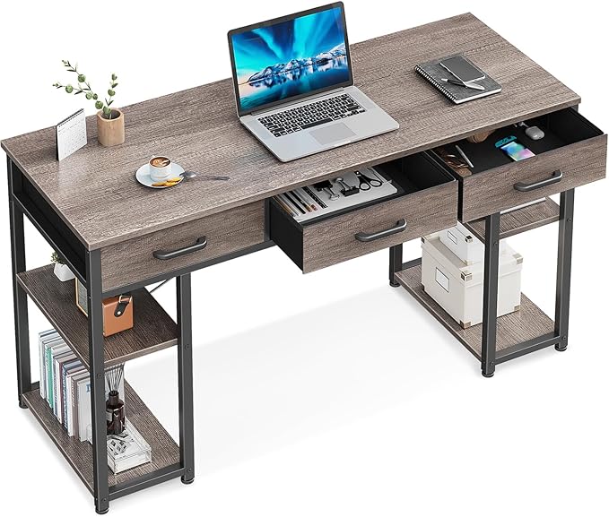 ODK Office Small Computer Desk: Home Table with Fabric Drawers & Storage Shelves, Modern Writing Desk, Grey Oak, 48"x16"