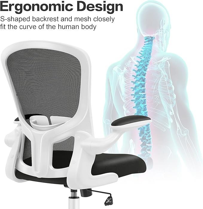 FelixKing Office Desk Chairs, Ergonomic PC Desk Chair with Wheels, Adjustable Lumbar Support and Height, Swivel Computer Chair with Flip-up Armrests, Ergo Mesh Backrest for Working (White)