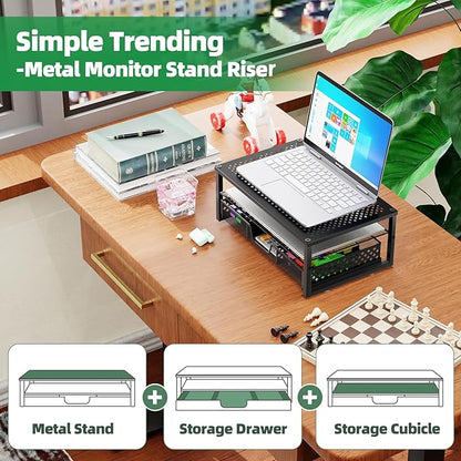 Simple Trending Metal Monitor Stand Riser and Computer Desk Organizer with Drawer for Laptop, Computer, iMac, Black