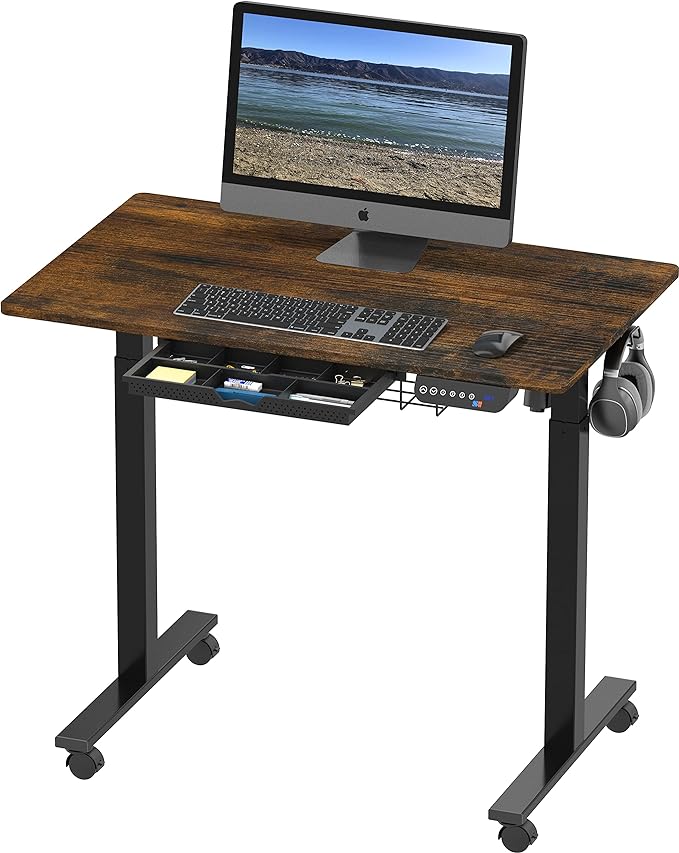 SHW Small Electric Height Adjustable Mobile Sit Stand Desk with Drawer, Hanging Hooks and Cable Management, 40 x 24 Inches, Rustic Brown