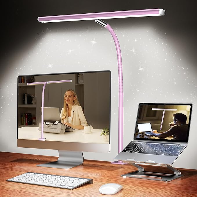 LED Desk Lamp for Office Home, Eye-Caring Desk Light with Stepless Dimming Adjustable Flexible Gooseneck, 10W USB Adapter Desk Lamp with Clamp for Reading, Study, Workbench (Pink)