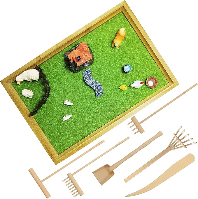 Japanese Zen Garden for Desk, Mini Small Farm Zen Garden Kit for Desk, Meditation Accessories Desktop Sandbox, Relaxing Claiming for Man Women, Green Sand with Wooden Tray, Not a Toy