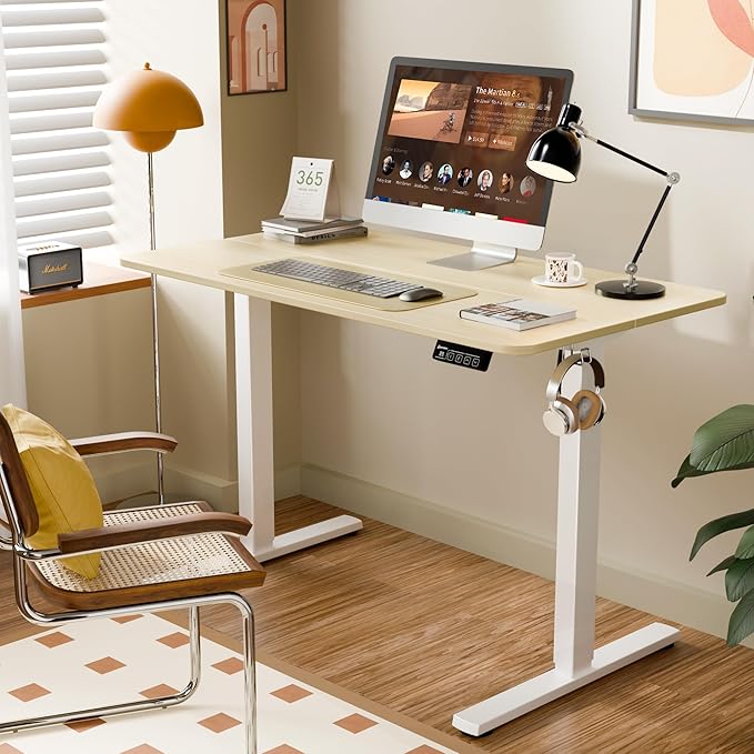 Electric Standing Desk, 43.3" x 23.6" Height Adjustable Sit Stand Desk with Splice Board for Home Office, Computer Desk Memory Preset (White Frame, Gold Oak Desktop)