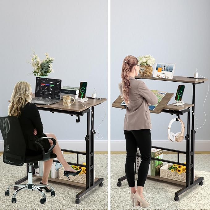 Hadulcet Stand Up Desk, Rolling Desk Adjustable Height, Mobile Standing Desk with Wheels & Charging Station Grey or Rustic Brown