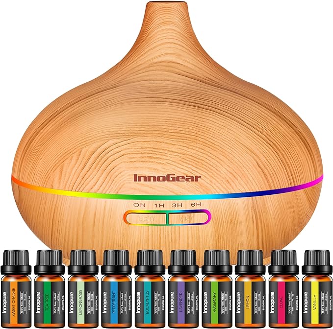 InnoGear Aromatherapy Diffuser & 10 Essential Oils Set, 400ml Diffuser Ultrasonic Diffuser Cool Mist Humidifier with 4 Timers 7 Colors Light Waterless Auto Off for Large Room Office, Yellow Wood Grain