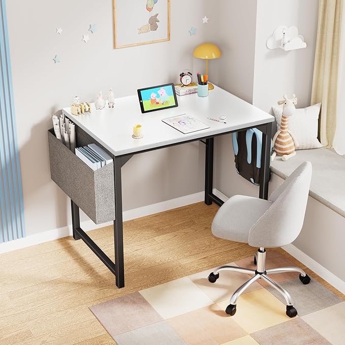 OLIXIS Small Computer Desk 32 Inch Office Work Study Writing Student Kids Home Bedroom Wood Modern Simple Table with Headphone Hooks & Storage Bag - White